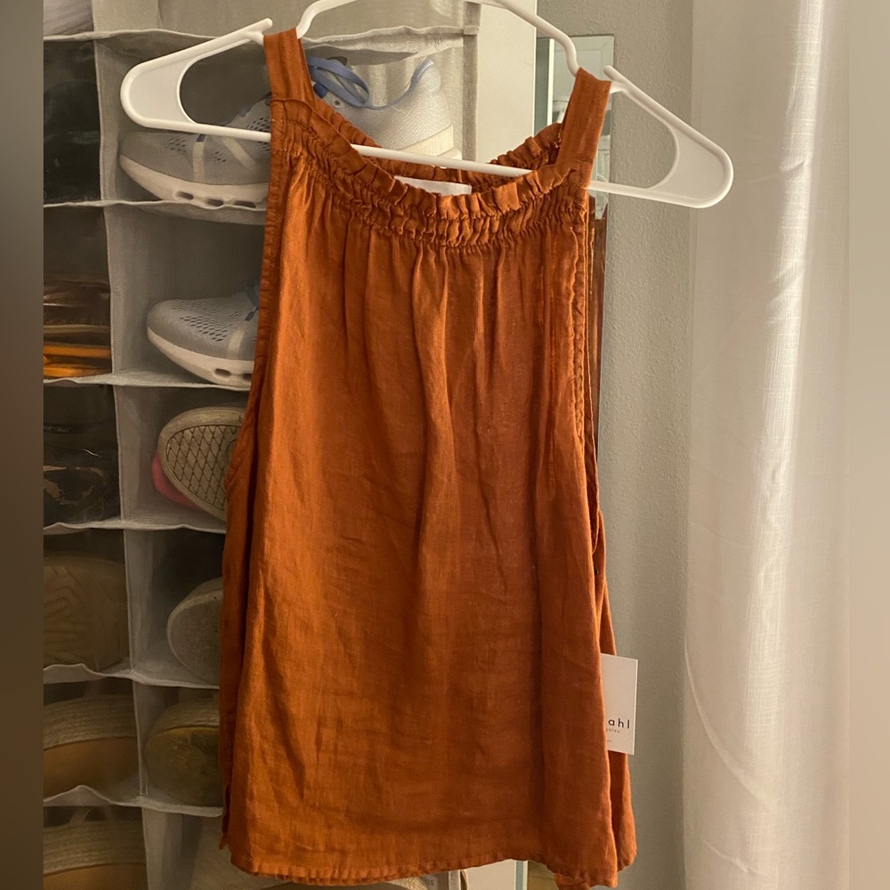 Burnt Orange Bella Dahl High Neck Tank Top with Ruched Details